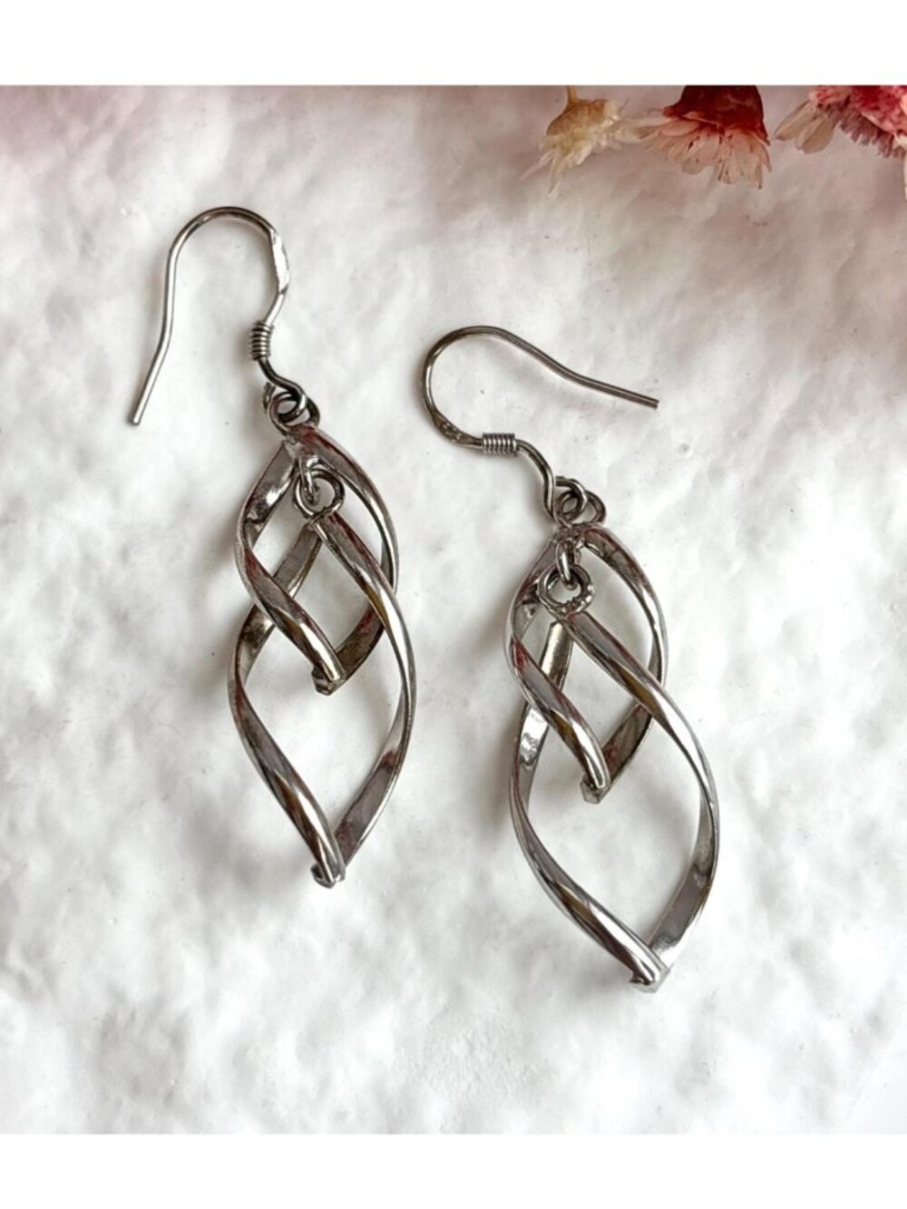 Double Marquise Shaped Art Deco Vintage Sterling Silver 925 Dangle Drop Earrings
